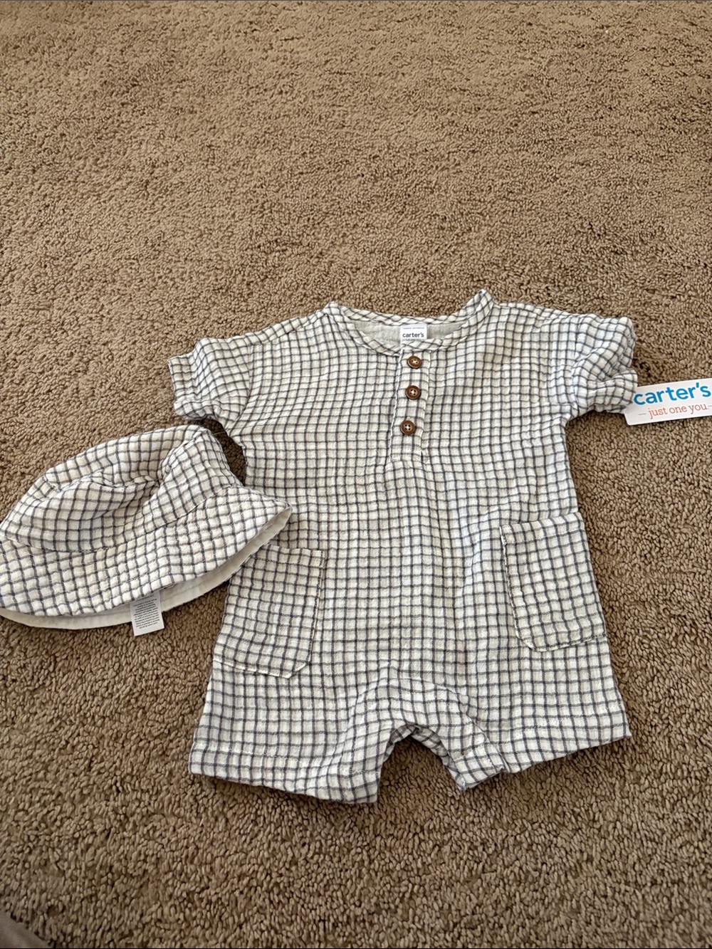 Carter's White and Navy Grid Short One-Piece with Hat